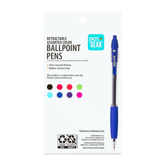 Pen+Gear Retractable Ballpoint Pens, Medium Point, 1.0 mm, 8 Count, Assorted Colors